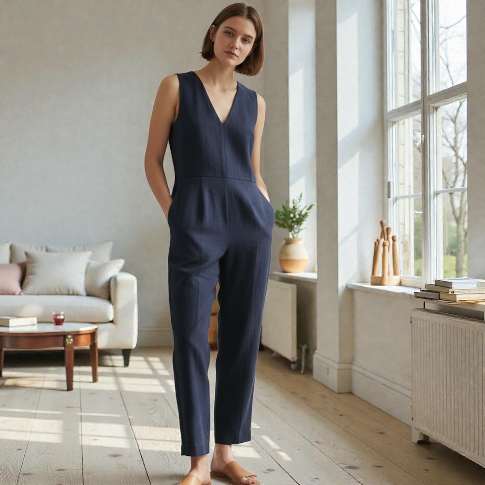 Everlane Jumpsuit Women 4 Navy Blue Structured Cotton Sleeveless V-neck Back Zip